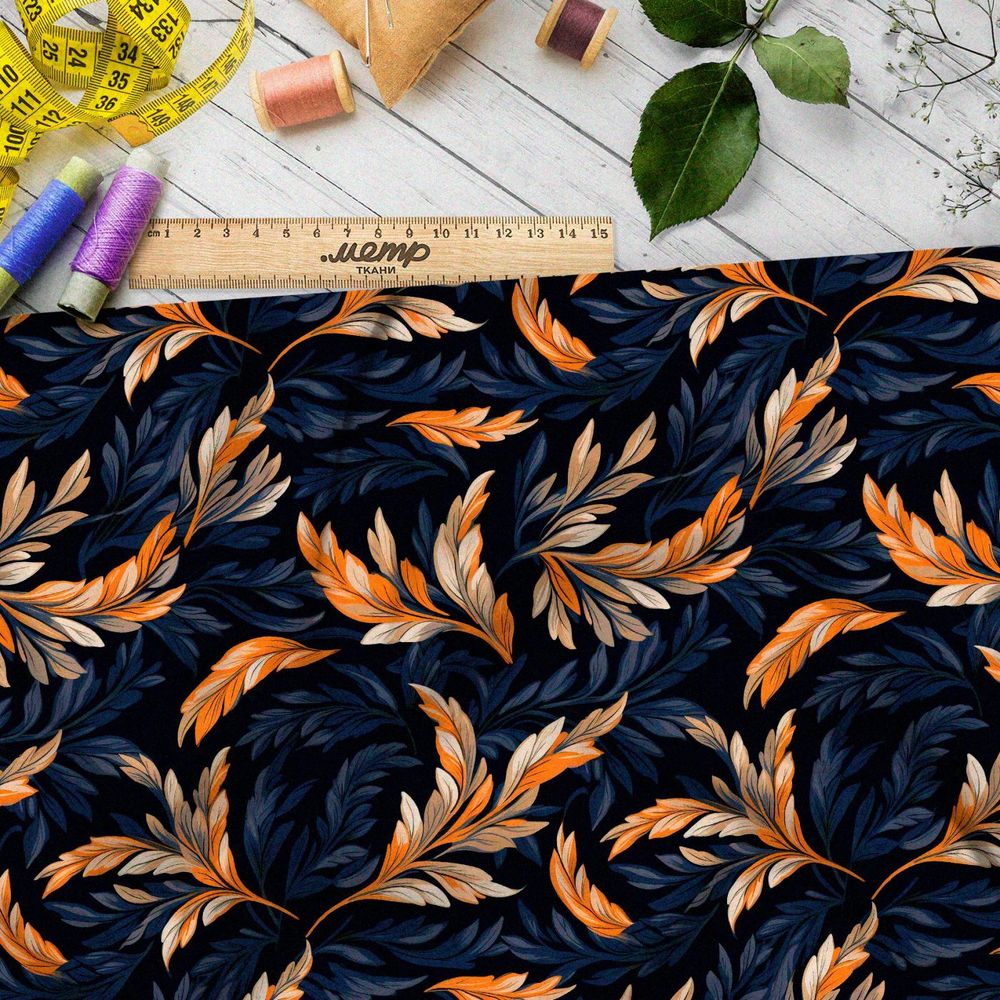Ткань премиум шелк искусственный Армани фантазийные листья