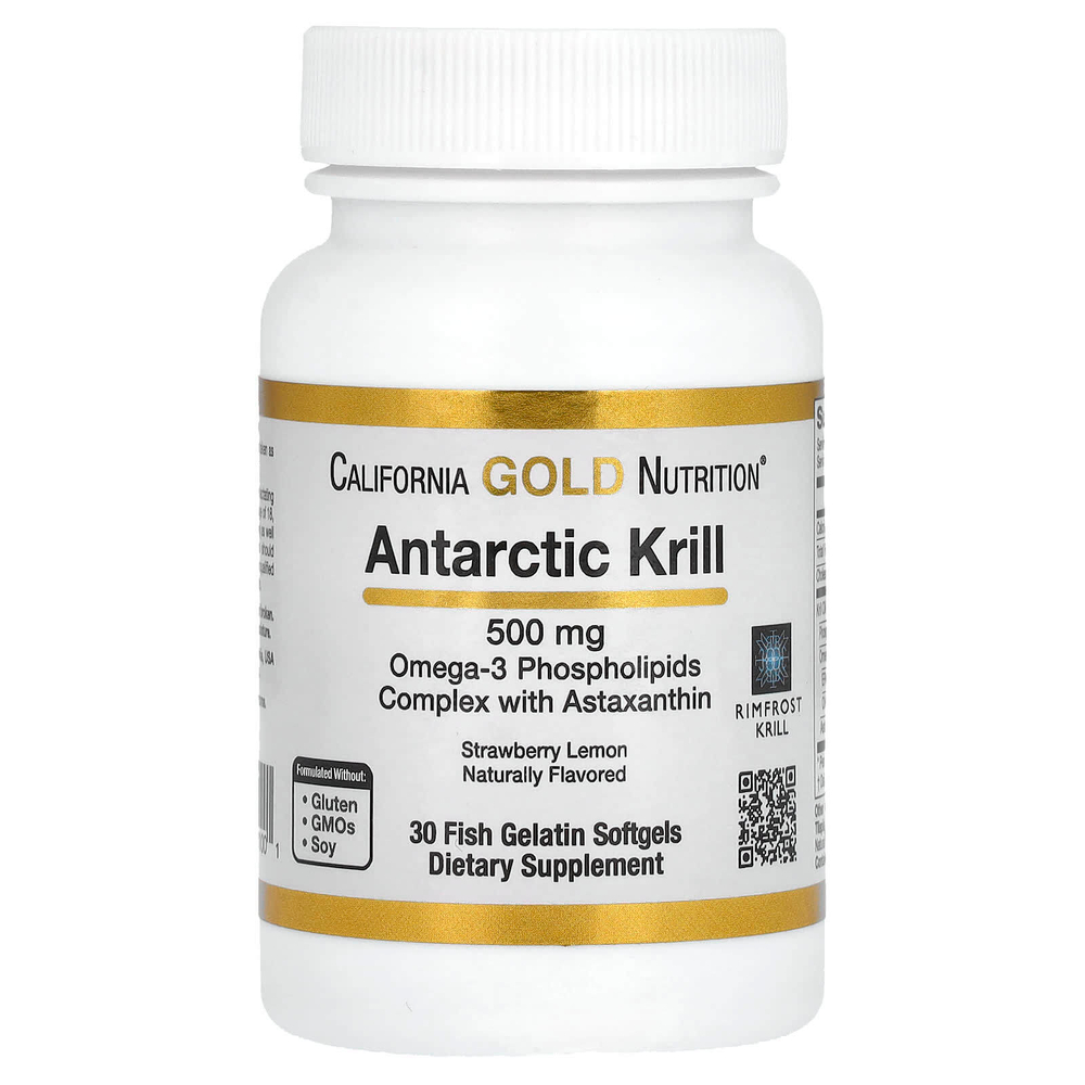 California Gold Nutrition, масло антарктического криля, комплекс фосфолипидов из омега-3 с ЭПК, ДГК и астаксантином, натуральный вкус клубники и лимона, 500 мг, 30 капсул из рыбьего желатина