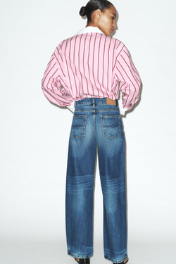 ZARA РУБАШКА ОВЕРСАЙЗ В ПОЛОСКУ С КОНТРАСТНЫМИ МАНЖЕТАМИ, РОЗОВЫЙ/БЕЛЫЙ