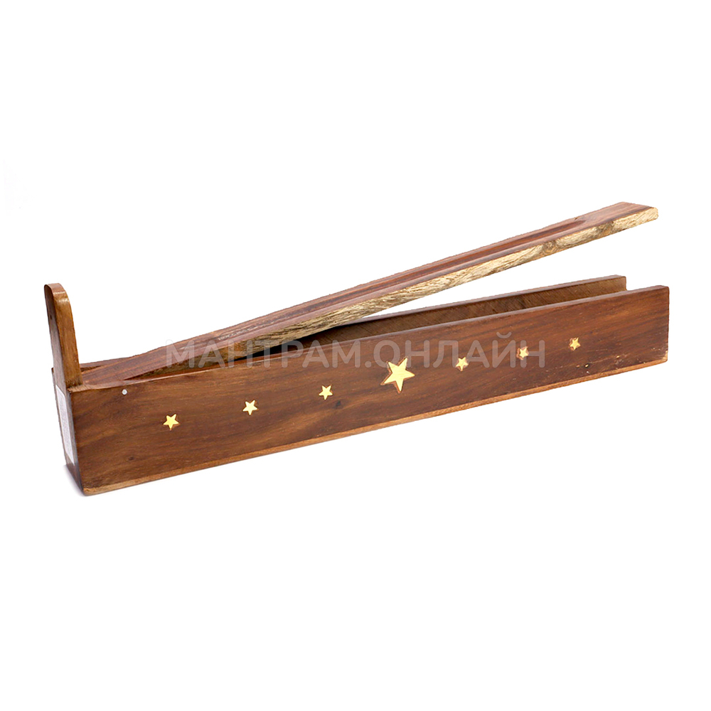 Подставка под благовония Пенал из дерева Шишам с резьбой 14 звезд 30 см