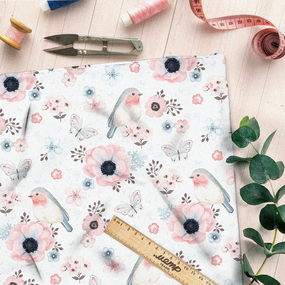 Ткань барби акварельные нежные птички