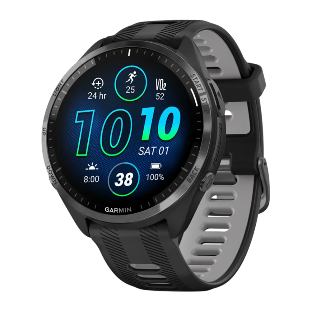 Спортивные часы Garmin Forerunner 965, силиконовый ремешок цвета чёрный/«серая пудра» Тёмно-серый безель из титана с DLC-покрытием, чёрный корпус, AMOLED-дисплей со стеклом Gorilla Glass DX. Ремешок с классической застёжкой — на запястье обхватом 135–205