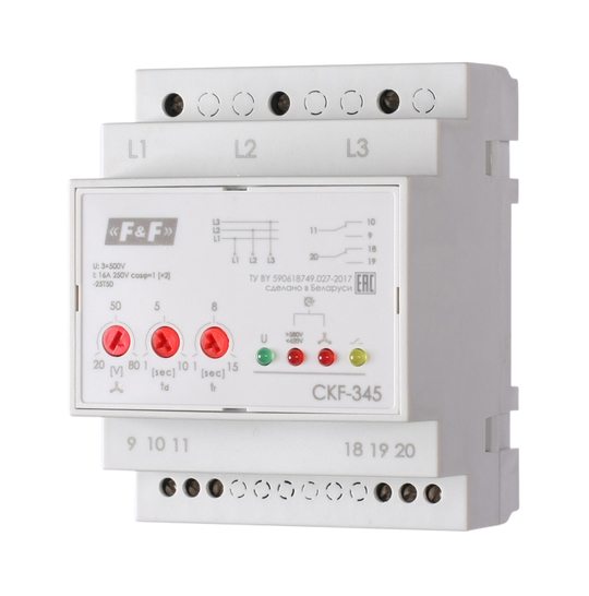 Реле контроля фаз для сетей с изолированной нейтралью CKF-345 3х500В 2х8А 1х2P IP20 регулировка порога отключения, контроль чередования фаз