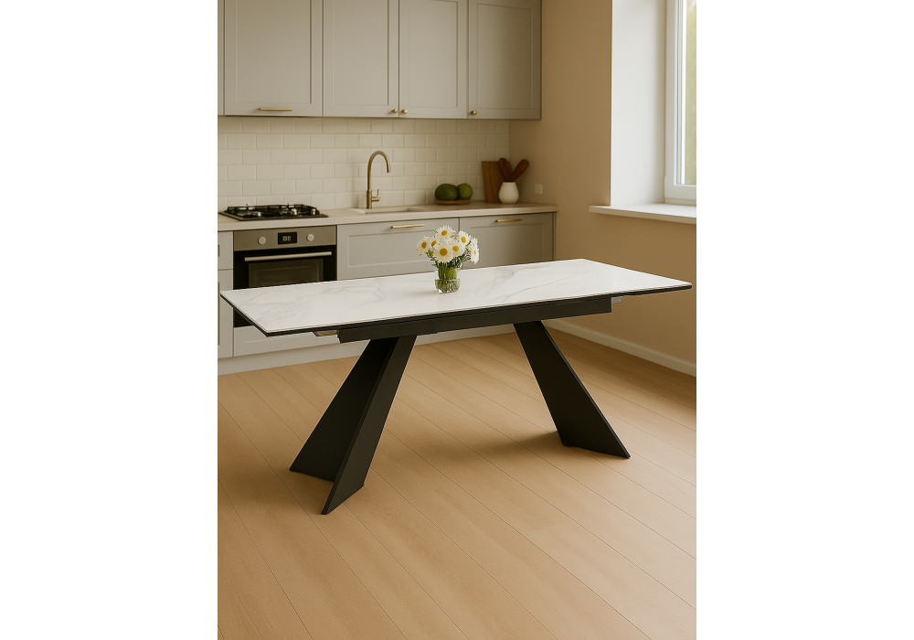 Керамический стол Woodville Ливи 140(200)х80х78 белый мрамор, черный