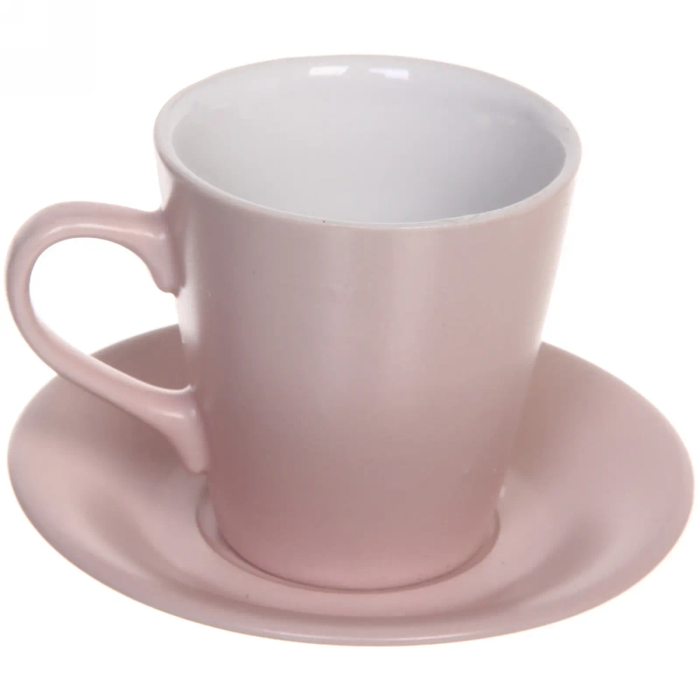 Чайный набор 12 предметов «Матовая глазурь» (6кружек 130мл+6блюдец) на бамбуковой подставке, розовый