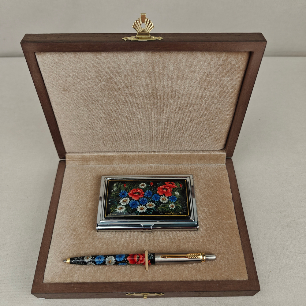 Набор "Полевые цветы" визитница с ручной росписью Палех и ручка Parker
