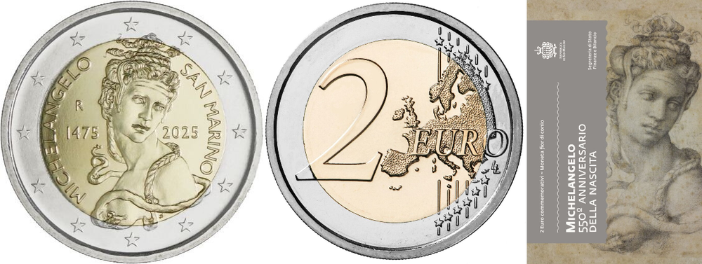 Сан-Марино 2 евро, 2025 550 лет со дня рождения Микеланджело