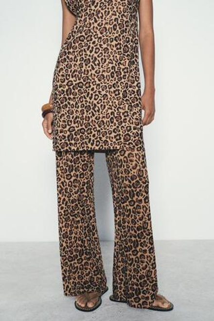 ZARA ДЛИННЫЙ ТРИКОТАЖНЫЙ ТОП С АНИМАЛИСТИЧЕСКИМ ПРИНТОМ, ЛЕОПАРДОВЫЙ