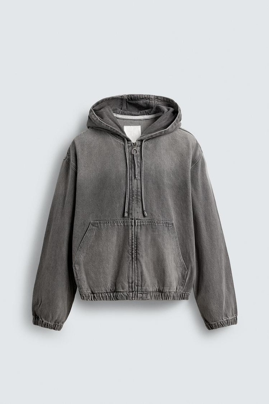 ZARA КУРТКА ИЗ ТКАНИ С ЭФФЕКТОМ ПОТЕРТОСТИ С КАПЮШОНОМ, СЕРЫЙ