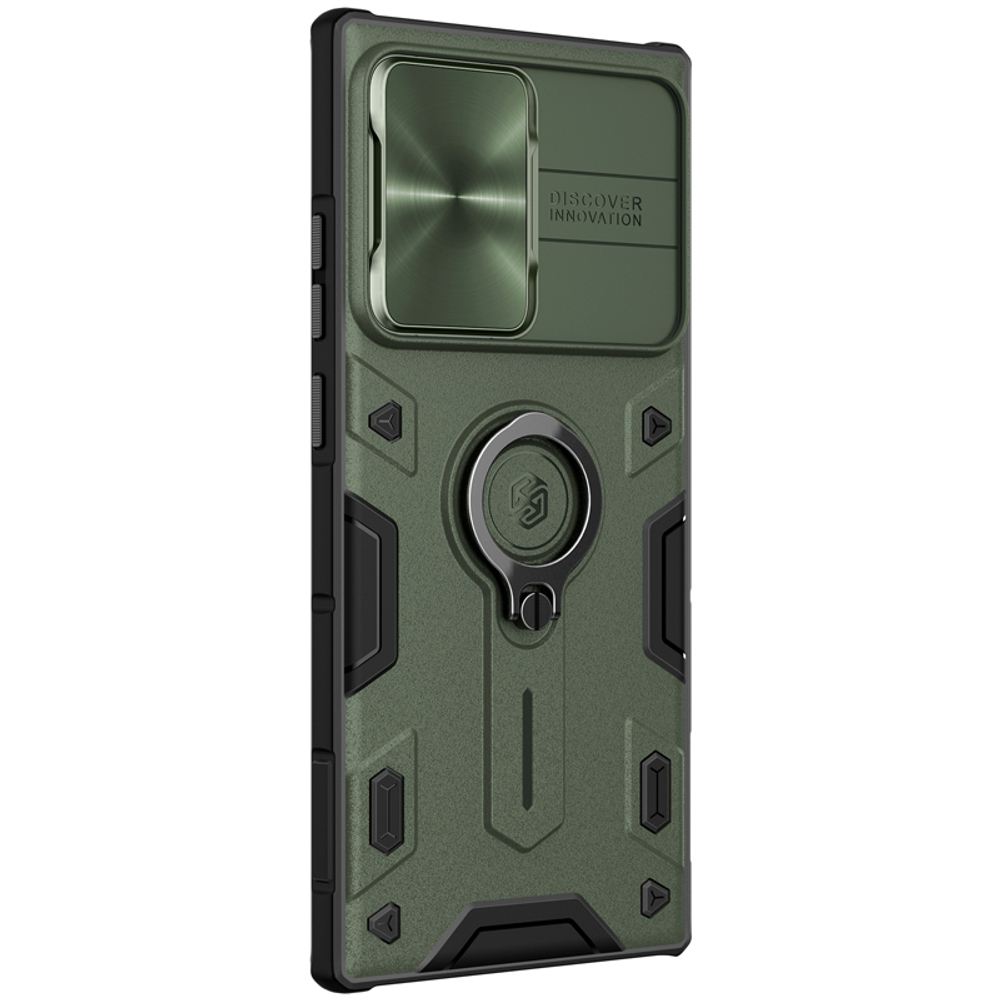 Темно зеленый чехол от Nillkin на Samsung Galaxy Note 20 Ultra с крышкой для защиты камеры, серия CamShield Armor Case (металлическая крышка камеры)