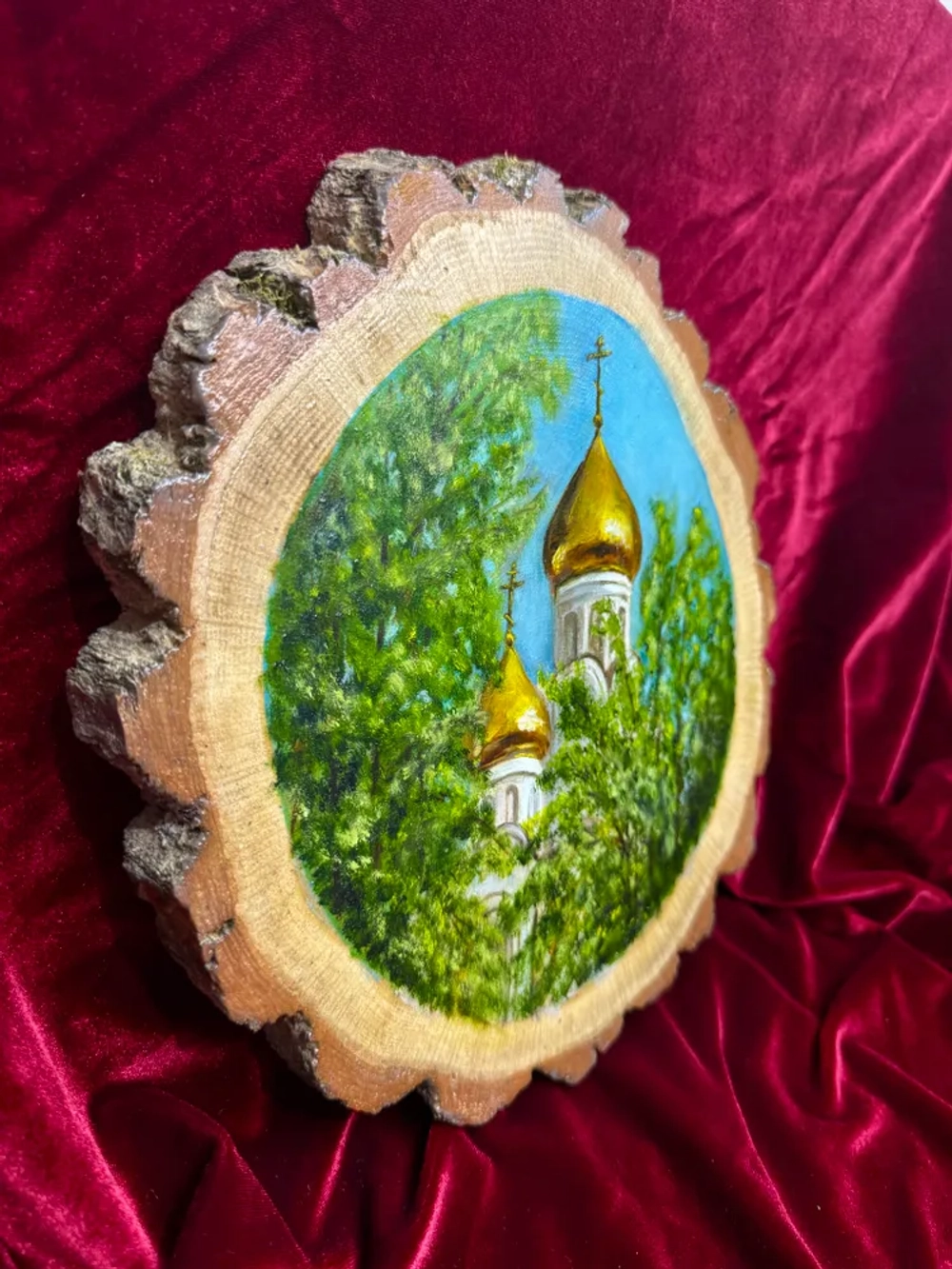 картина Храм на срезе дерева ручная роспись