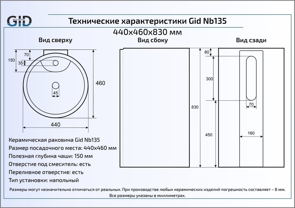 Раковина напольная Gid Nb135 44x46x83 см  схема