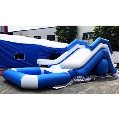 Надувная прямая водная горка с бассейном «Пляжный рай», 9*3*3 м, герметичная бело-синяя