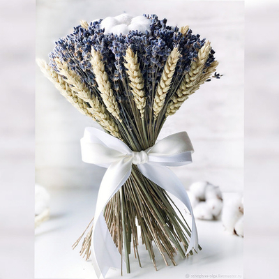 Букет сухоцветов из лаванды с пшеницей, хлопок
