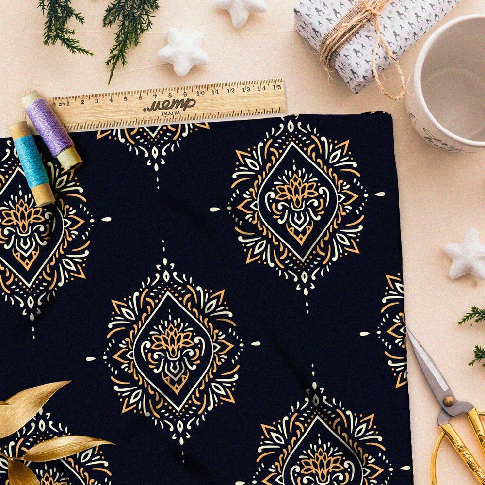 Ткань блэкаут симметричная медно-железная роспись на чёрном фоне