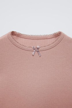 ZARA ФУТБОЛКА POINTELLE С БАНТОМ, СВЕТЛО-РОЗОВЫЙ