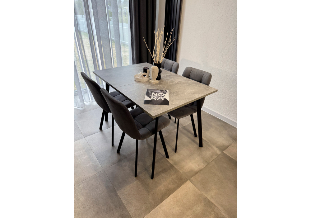 Стол деревянный Woodville Кортни 117 (157) x 77 бетон светлый, черный матовый, ножки черные