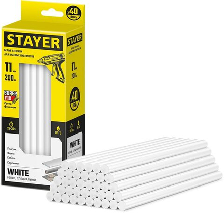 Клеевые стержни STAYER White, белые, 11 х 200 мм, 40 шт, Professional (2-06821-W-S40)