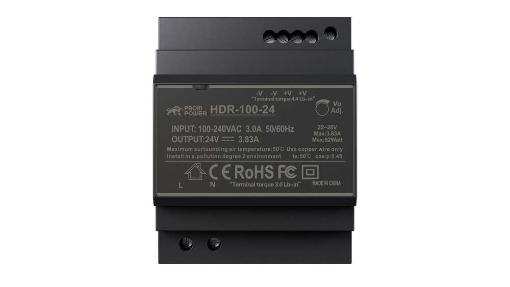 Источник питания PROMPOWER HDR-100-24, на вых. 24 В DC, 3.83А, 92Вт. Вх. 85-264В AC (120-370 В DC)