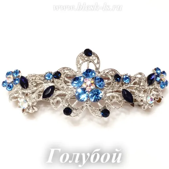 Заколка с замком на серебристой основе "Цветок", Голубой