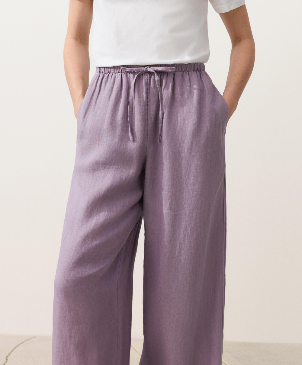 OYSHO Прямые брюки из 100% льна с декоративной строчкой, сиреневый
