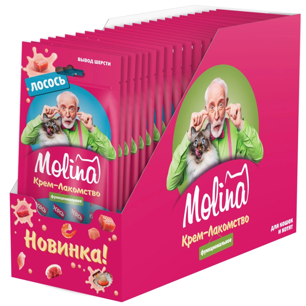 Функциональное крем-лакомство MOLINA с лососем для кошек для Вывода комков шерсти из желудка 4х12г