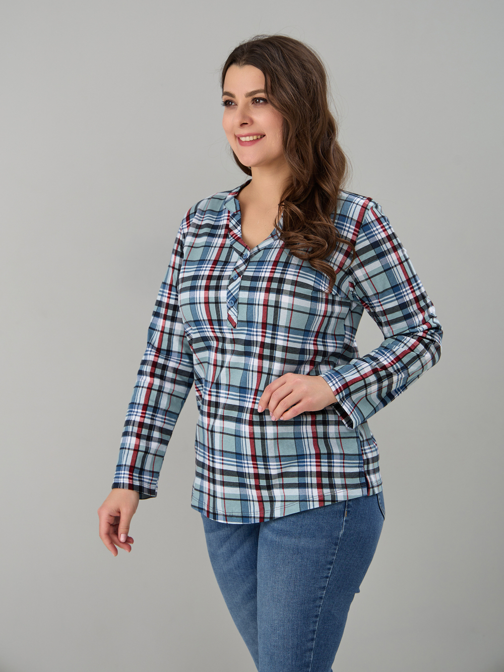 Блузка БЛ-22/клеткасерый-индигокрасный