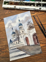 Картина авторская акварельная в паспарту 21х30 см на стену для интерьера "Зарайск. Храм Святой Троицы"