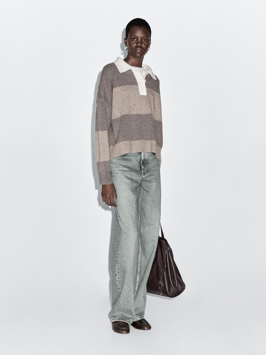 Massimo Dutti Свитер поло из смесовой шерсти в полоску, кротово-коричневый