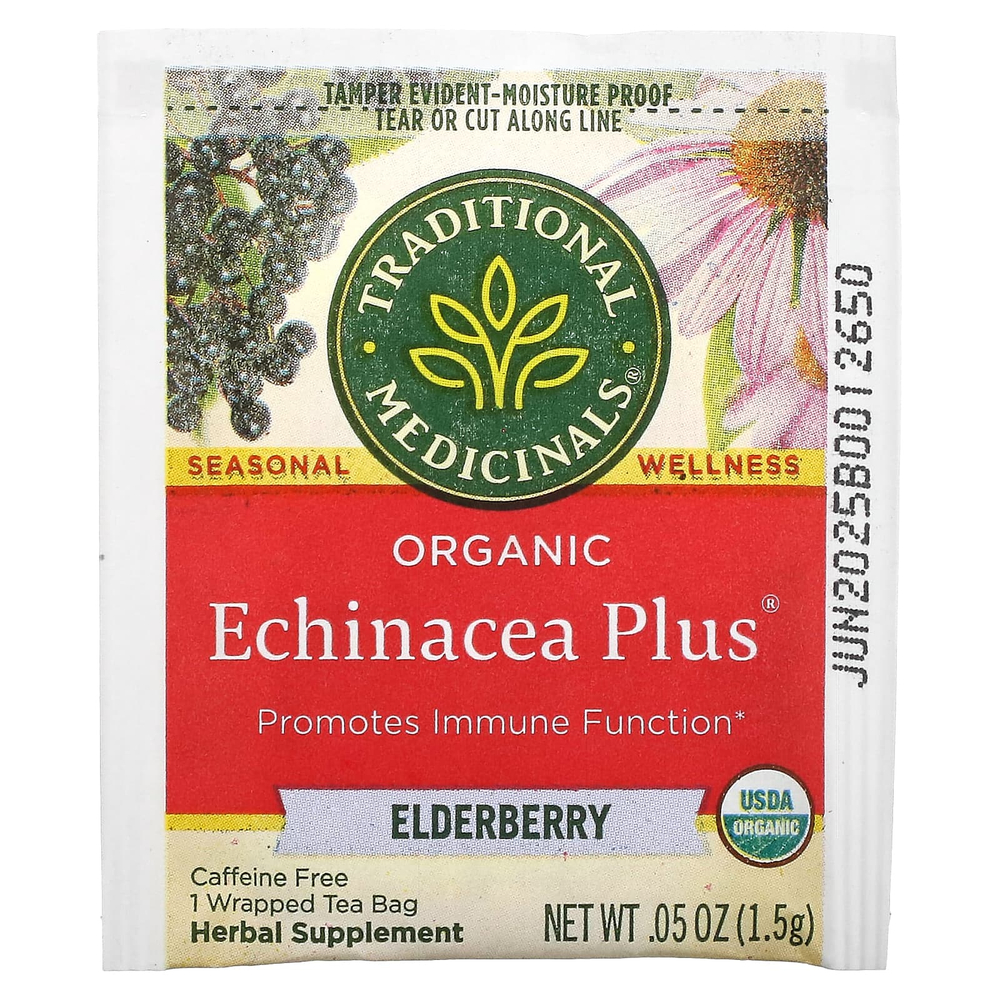 Traditional Medicinals, Organic Echinacea Plus®, бузина, без кофеина, 16 чайных пакетиков, 24 г (0,85 унции)