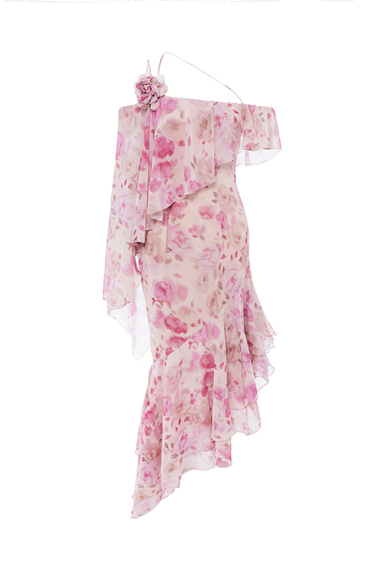 Асимметричное платье миди из шифона с принтом и воланами