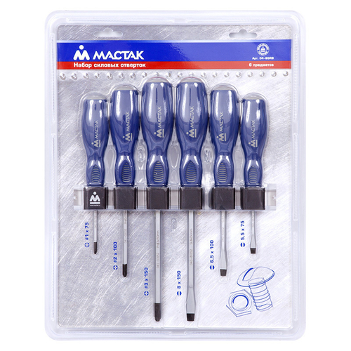 МАСТАК (04-6GRB) Набор силовых отверток с держателем (PH, SL) 6 предметов