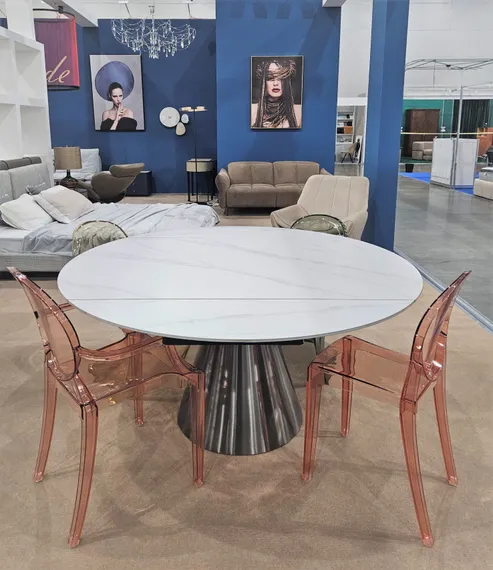 Стол обеденный раскладной Oda, Ø150 см, белый матовый керамогранит