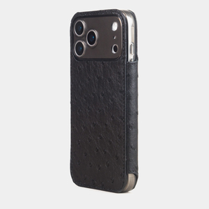 Чехол-книжка кожаная для iPhone 17 Pro, страус черного цвета