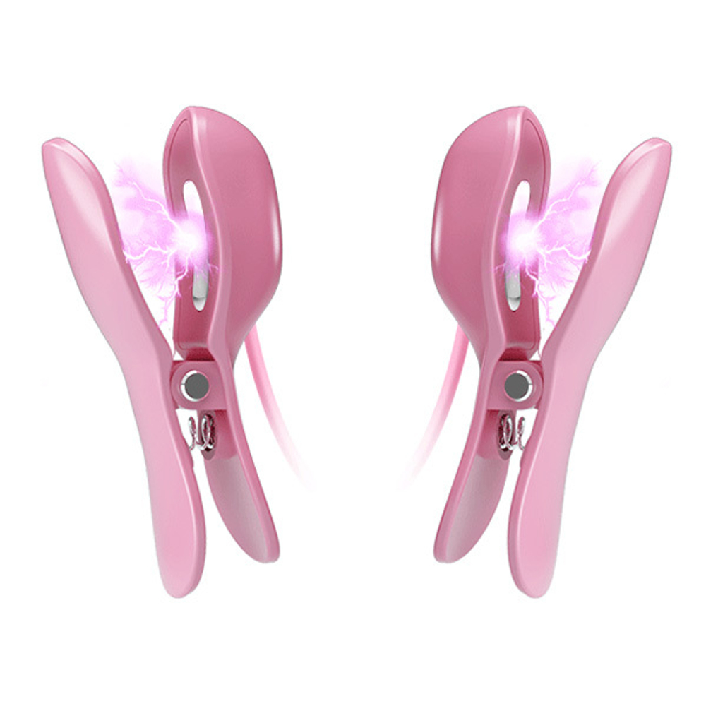 Нежно-розовые зажимы на соски с вибрацией и электростимуляцией Baile Romantic Wave BI-014648