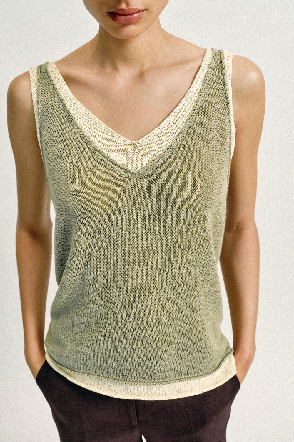 ZARA КОМБИНИРОВАННЫЙ ТРИКОТАЖНЫЙ ТОП, ХАКИ