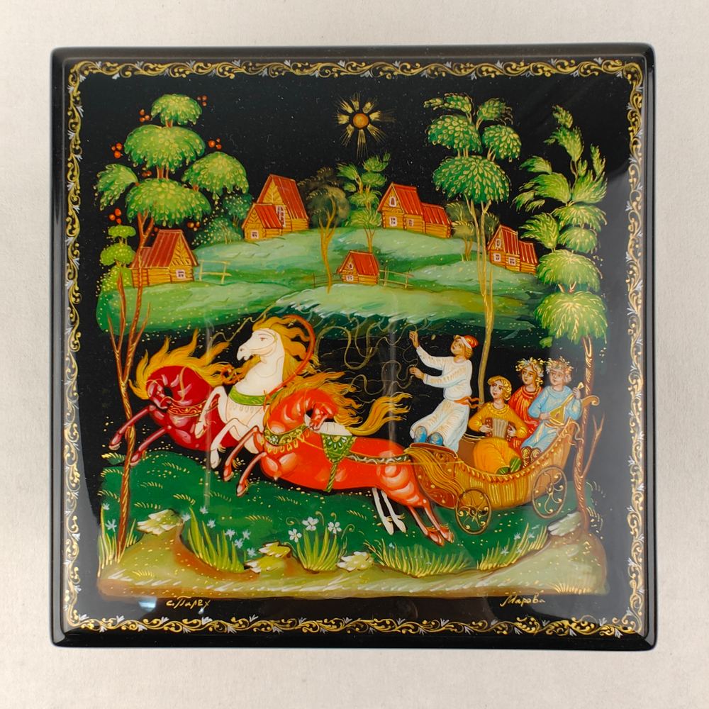 Шкатулка с росписью Палех "Тройка"