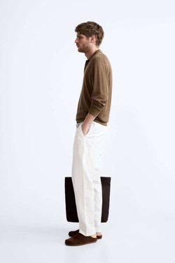 ZARA БРЮКИ ИЗ ХЛОПКА И ЛЬНА, ЖЕЛТОВАТО-БЕЛЫЙ