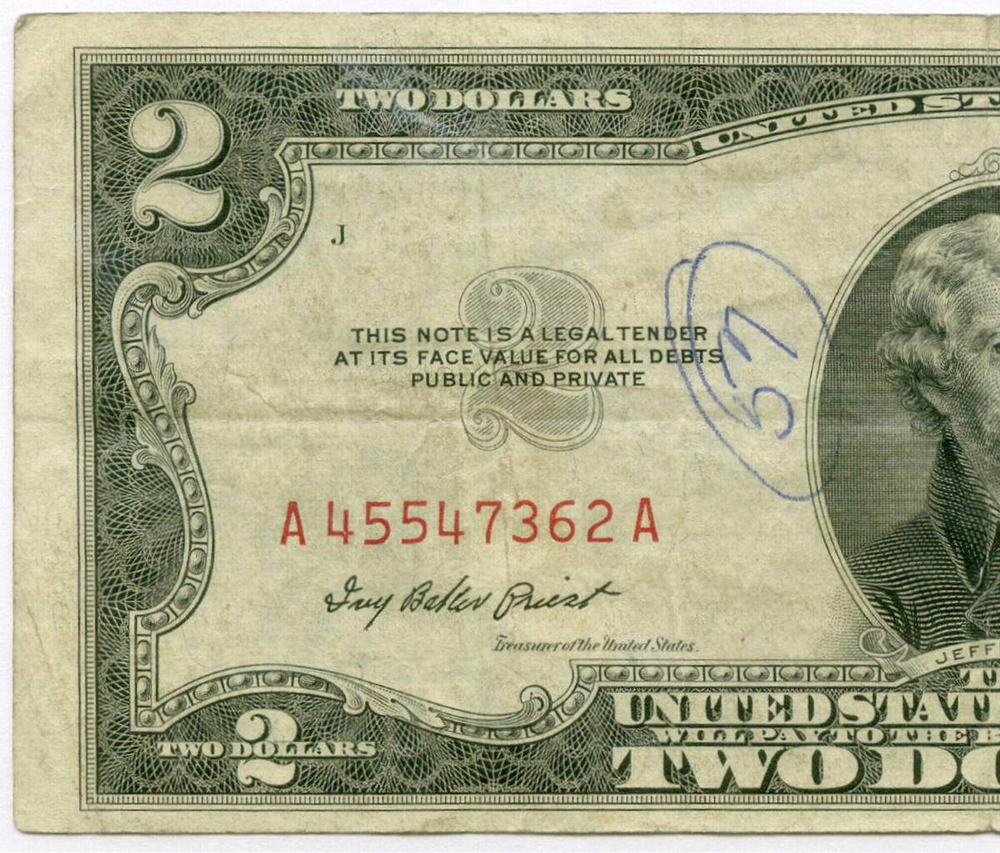 Банкнота США 2 доллара 1953A A 45547362 A. VG (надпись)