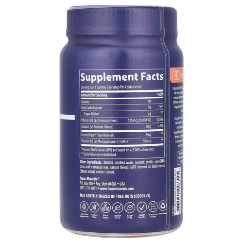 Trace, Жевательные мармеладки с витамином D3 и K2, с клубникой, 60 жевательных таблеток