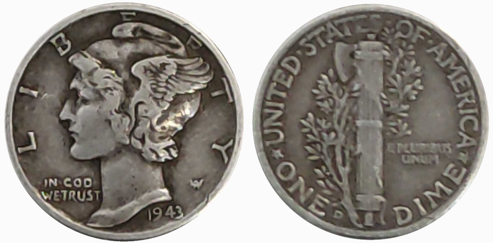 США 10 центов 1943 Меркурий XF