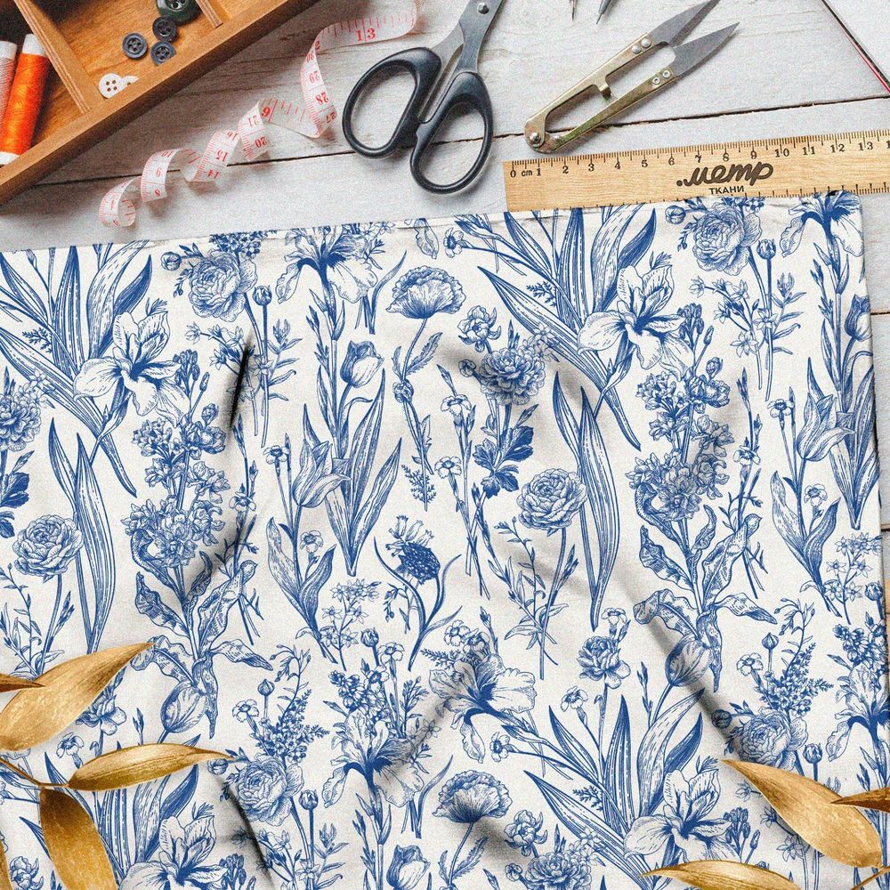 Ткань оксфорд 600 цветы голубого и синего оттенка