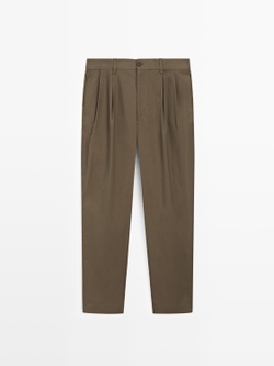 Massimo Dutti Хлопковые брюки с двойными вытачками, темно-зеленый