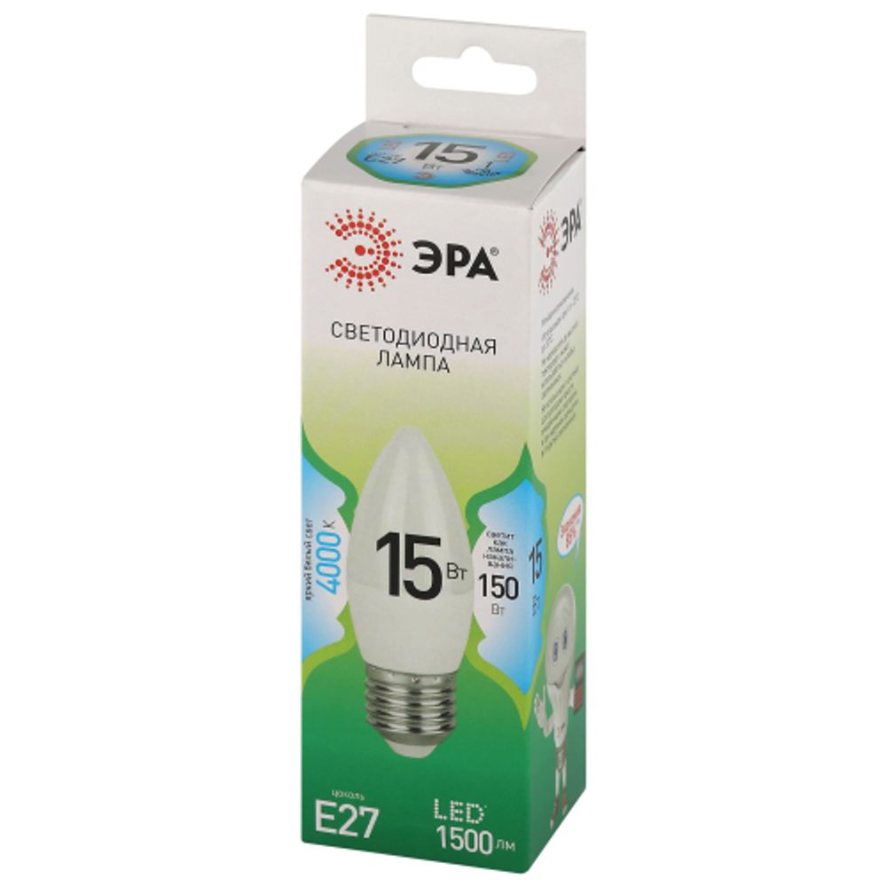 Лампочка светодиодная ЭРА GREEN LINE LED B35-15W-840-E27 GL E27 15 Вт свеча яркий белый свет