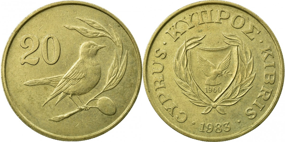 Кипр 20 центов, 1983 Каменка-плешанка XF