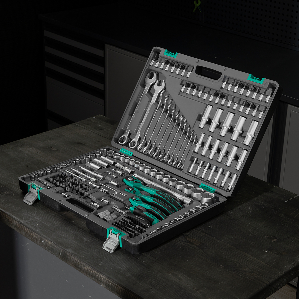 Набор инструментов, 1/4", 3/8", 1/2", Cr-V, S2, усиленный кейс, 216 предметов Stels