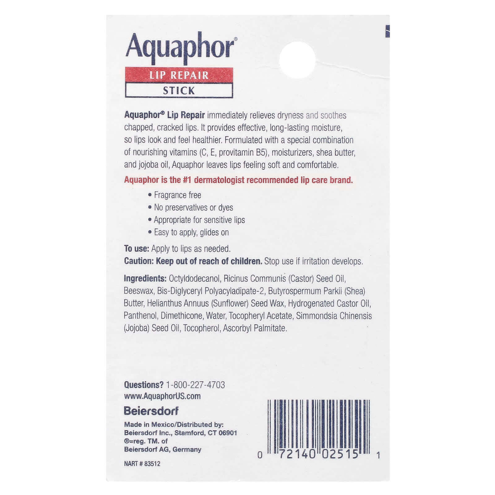 Aquaphor, Восстанавливающий бальзам для губ, помада, мгновенное восстановление, без запаха, 1 шт., 4,8 г (0,17 унции)