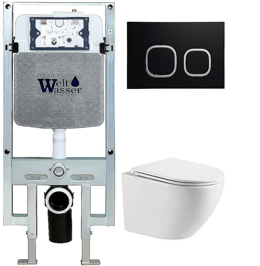 Унитаз подвесной WeltWasser AMBERG 497 ST+MERZBACH 043 XL GL-WT+AMBERG RD-BL белый/кнопка черная матовая, безободковый, с крышкой микролифт, с инсталляцией, слив торнадо