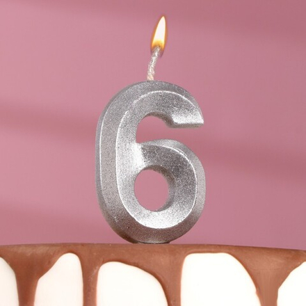Свеча в торт "Грань", цифра "6", серебряный металлик