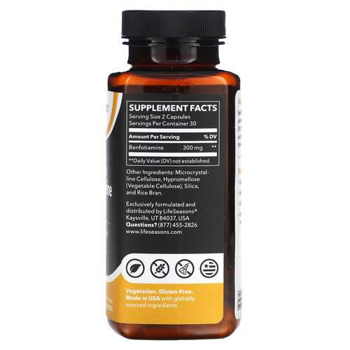 LifeSeasons, Жирорастворимый бенфотиамин B1, 60 растительных капсул (150 мг на капсулу)